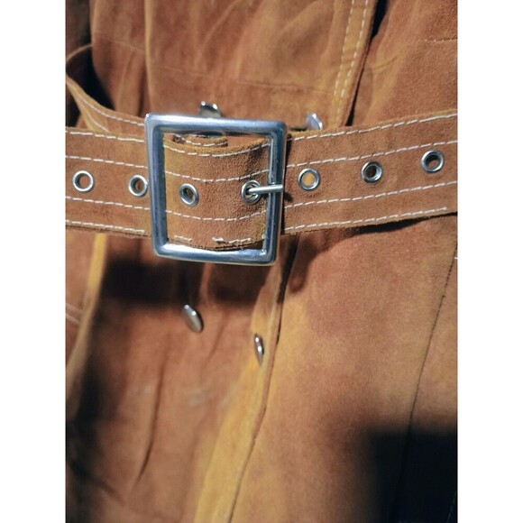 Vintage 70s Suede Trench Coat Rust Brown Belted Long Jacket Boho Western Women's - Picture 2 of 16